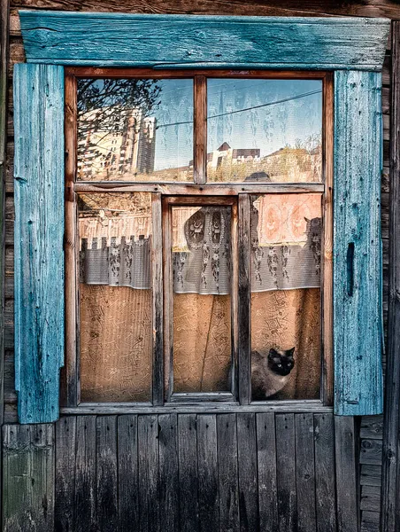 Carved Platbands Old Wooden Windows — Stock Photo, Image