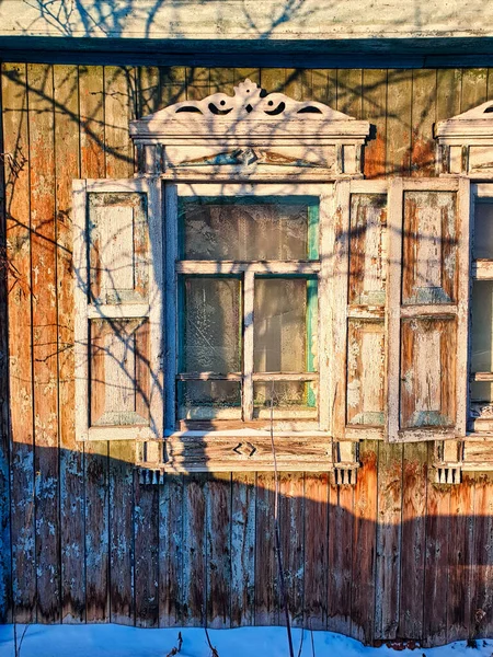 Carved Platbands Old Wooden Windows — Stock Photo, Image