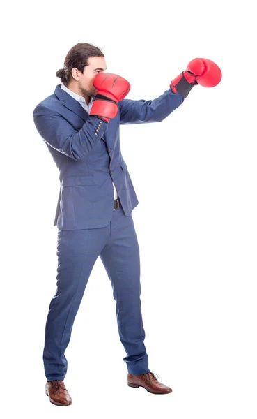 Full Length Businessman Red Boxing Gloves Punching Hand Fighting Position — Stock Photo, Image