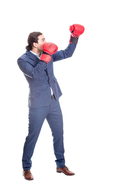 Длинный Бизнесмен Красных Боксерских Перчатках Бьющий Рукой Боевой Позиции Портрет — стоковое фото