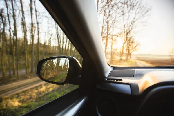 Interno Auto All Alba Una Strada Forestale Viaggiare Con Concetto — Foto Stock