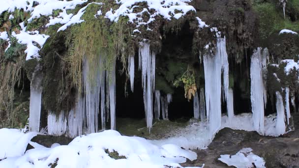 Сосульки замерзшего водопада — стоковое видео