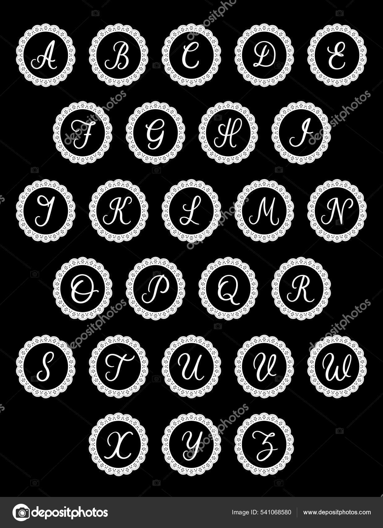 Alphabet Script Monogram Initials Eyelet Lace Doilies Isolated.