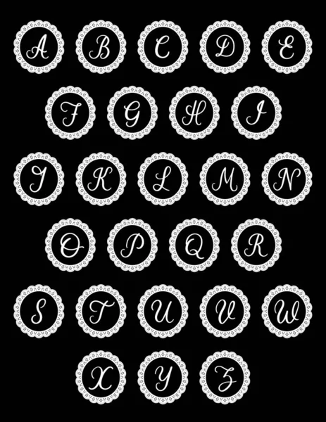 Alphabet Script Monogram Initials Eyelet Lace Doilies Isolated Black Background — Stock Vector