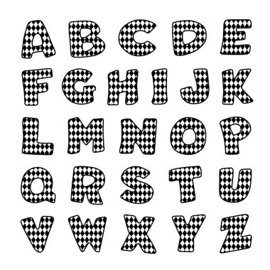 Alfabe, Harlequin siyah beyaz A-Z tasarım modeli. Vektör dosyası herhangi bir şekli sorunsuzca dolduracak palyaço arkaplan desen örneğini içerir. 