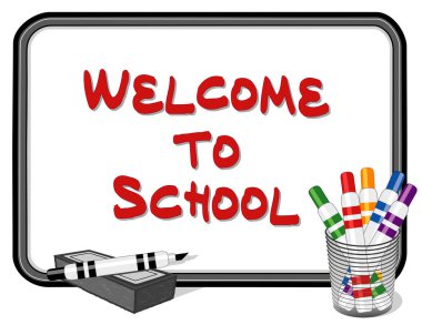 Whiteboard, Okula Hoşgeldiniz, siyah çerçeve, çok renkli keçeli kalemler, kuru silgi, eğitim için, okula dönüş, okur yazarlık projeleri, albüm albümleri.