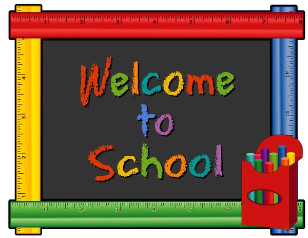 Chalkboard Ruler Frame Üdvözöljük Iskolában Doboz Színes Kréta Oktatás Vissza — Stock Vector