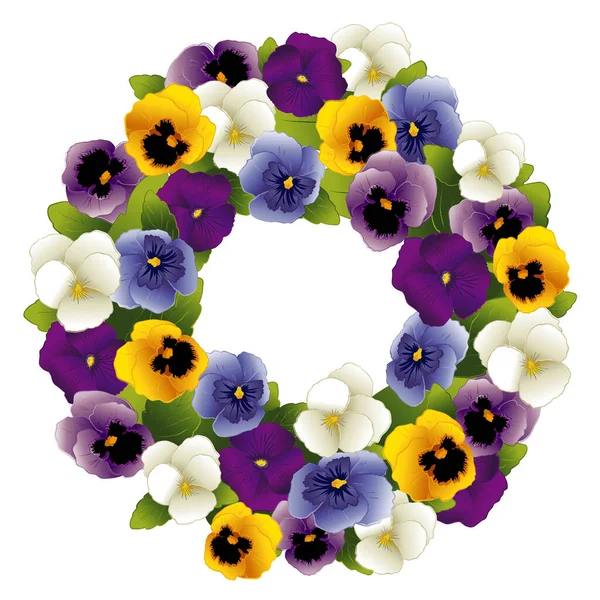 Pansy Wreath Spring Flowers Gold Purple Lavender Blue Isolated White — Stock Vector