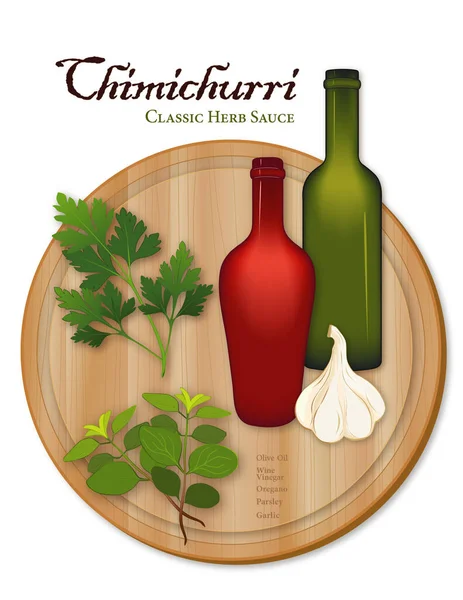 Chimichurri是原产于阿根廷的一种受欢迎的香草调味酱 用于烤肉 欧莱加诺 橄榄油和葡萄酒醋放在木板上 用白色隔开 — 图库矢量图片