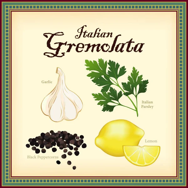 Gremolata Eine Mischung Aus Knoblauch Italienischer Flachblatt Petersilie Zitronenschale Rissigen — Stockvektor
