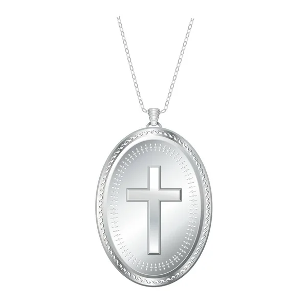 Christian Cross Silver Engraved Lavaliere Necklace Silver Chain Isolated White — Vettoriale Stock
