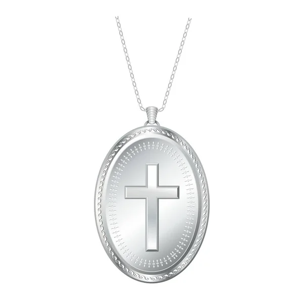 Christian Cross Silver Engraved Lavaliere Necklace Silver Chain Isolated White — Image vectorielle