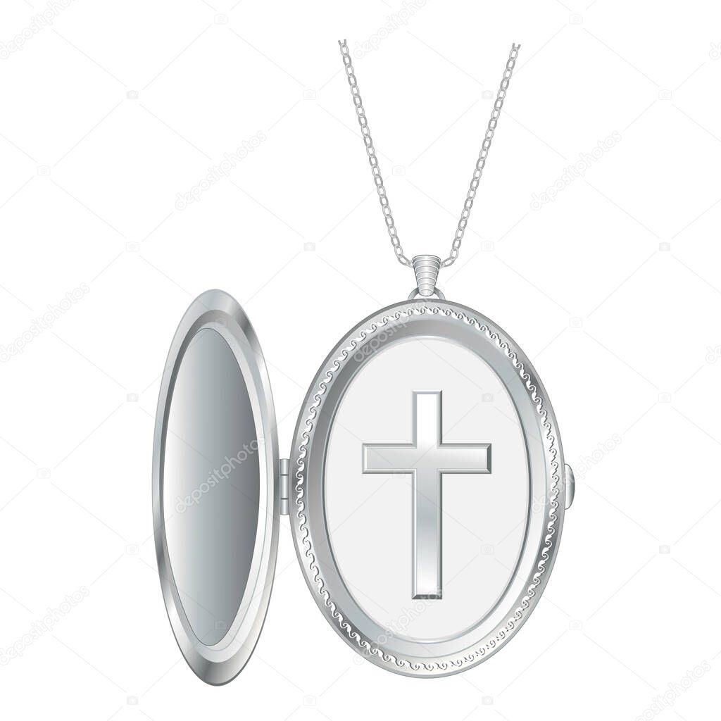 Christian Cross silver engraved open locket with silver chain necklace isolated on a white background. 