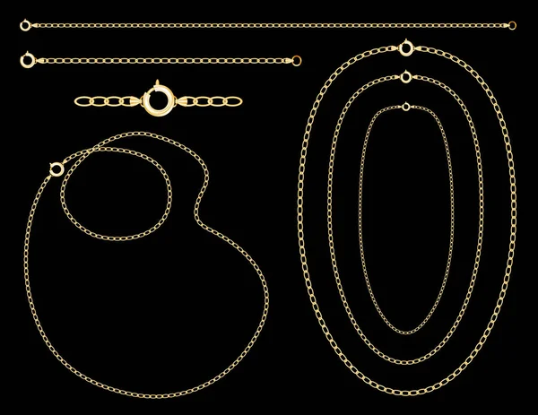 ゴールドジュエリーチェーン ネックレス ブレスレット リンク クラップ 黒の背景に隔離された ズームインして詳細な陰影を確認します カスタマイズが簡単 — ストックベクタ