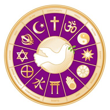 Barış Güvercini 'ni çevreleyen Dünya altın mandala dinleri: Hristiyanlık, Hindu, Taoizm, Baha' i, Budizm, Jain, Şinto, Konfüçyüsçülük, Yerli Ruhaniliği, Yahudilik, Sikh, İslam. Kraliyet mor arkaplan. 
