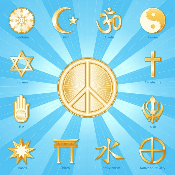 世界宗教 金のアイコンは 国際平和シンボルを囲む イスラム教 ヒンズー教 キリスト教 シーク教 ネイティブ精神 バハイ ジャイナ教 — ストックベクタ
