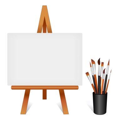 Sanatçı Wood Easel, özel metin ya da grafikleriniz için boş beyaz manzara oryantasyon tuvali, vazodaki çeşitli boya fırçaları. Beyaz arkaplanda izole.