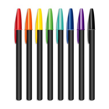 Fine Tip Keçeli Kalemler Gökkuşağı Renklerinde, ev, ofis ve okul projeleri için sanat malzemeleri: kırmızı, turkuaz, mavi, mor ve siyah. Beyaz arkaplanda izole. 