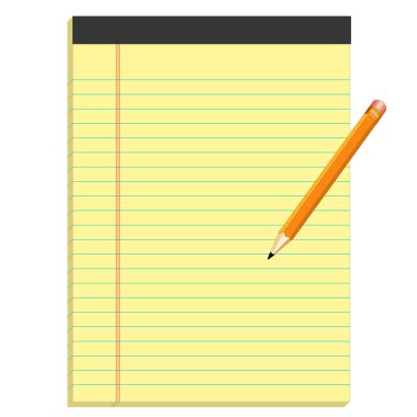 Yellow Legal Pad of Paper, full size, with copy space for text, lead pencil, isolated on white background. 