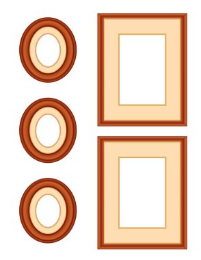 Picture Frame Gallery in Cherry wood, Collection of three oval and two portrait cherry wood picture frames, isolated on white, copy space to add your favorite images for home decor, albums, and scrapbooks.