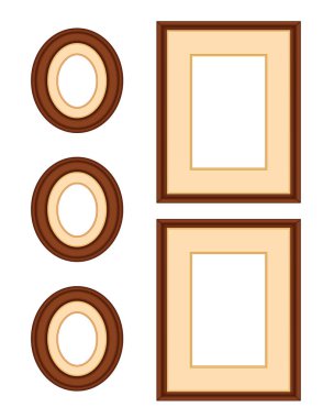 Picture Frame Gallery in Mahogany Wood, Collection of three oval and two portrait mahogany dark wood picture frames, isolated on white, copy space to add your favorite images for home decor, albums, and scrapbooks.