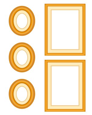 Picture Frame Gallery in Oak Wood, Collection of three oval and two portrait oak wood picture frames, isolated on white, copy space to add your favorite images for home decor, albums, and scrapbooks.