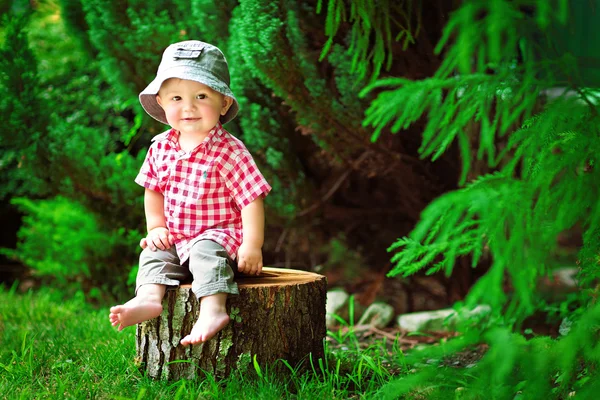 Netter kleiner Junge sitzt auf einem Baumstumpf — Stockfoto