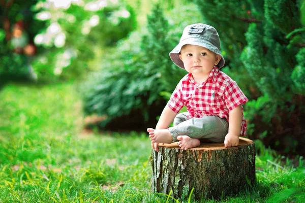 Schattige kleine jongen zit op een boomstronk — Stockfoto