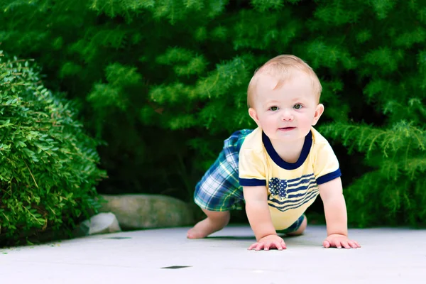 Милый малыш ползает по траве — стоковое фото
