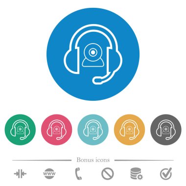 Video yardımı yuvarlak renkli arka planlarda düz beyaz simgeler çiziyor. 6 bonus simgesi dahil.