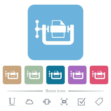 Renkli yuvarlak kare arkaplan üzerine dosya sıkıştırma katı beyaz düz simgeleri. 6 bonus simgesi dahil