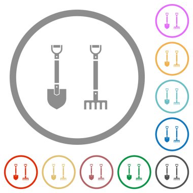 Kürek ve düz renk simgelerini beyaz arkaplanda yuvarlak ana hatlarla tırmıkla
