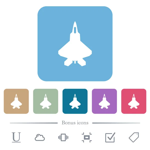 Джет Винищувач Силует Білих Плоских Значків Кольоровому Округленому Квадратному Фоні — стоковий вектор