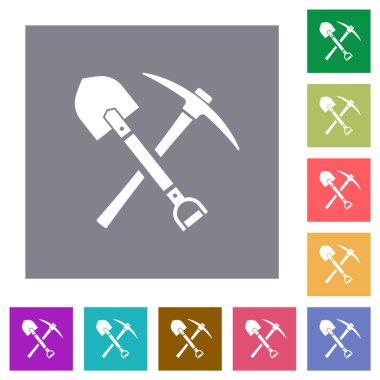 Basit renk kare arkaplan üzerinde kürek ve kazma düz simgeler