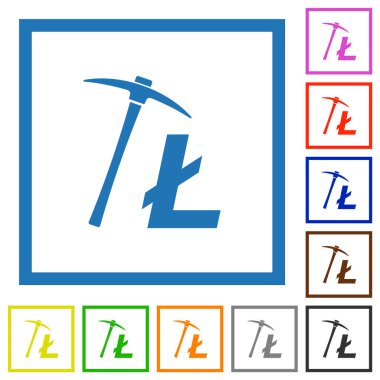 Litecoin kripto para birimi, beyaz arkaplanda kare çerçevelerde düz renk simgeleri çıkartıyor