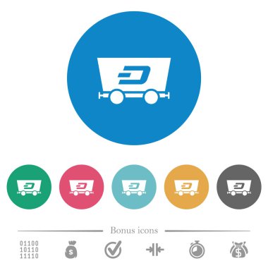 Dash criptocurrency madencilik düz beyaz simgeler yuvarlak renk arka planda. 6 bonus simgesi dahil.