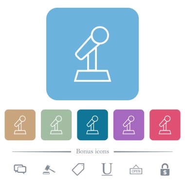 Renkli yuvarlak kare arkaplanlı beyaz düz simgelere sahip dikey hatlı mikrofon. 6 bonus simgesi dahil