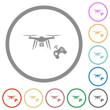 Düz renk simgelerini kontrol eden drone beyaz arkaplanda yuvarlak hatlar çiziyor