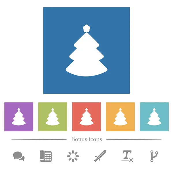 正方形の背景にクリスマスツリーフラット白のアイコン ボーナスアイコン6種 — ストックベクタ