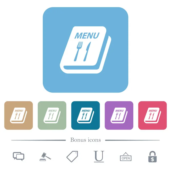 Меню Вилкой Ножом Белые Плоские Иконки Цветных Округлых Квадратных Фонов — стоковый вектор