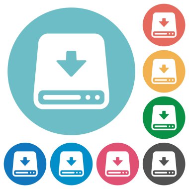 Yuvarlak renk arkaplanındaki sabit diske düz beyaz simgeler indir