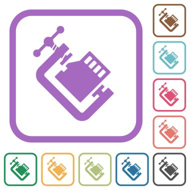Mikro sd hafıza kartı, beyaz arkaplandaki renkli yuvarlak kare çerçevelerle katı basit simgeleri sıkıştırır