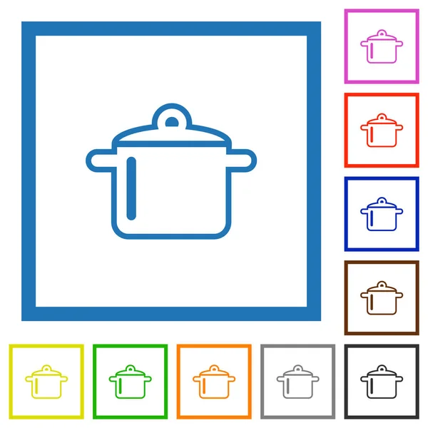 Cooking Pot Outline Flat Color Icons Square Frames White Background — Stock Vector