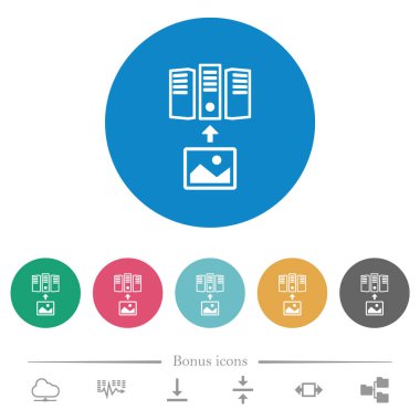 Resmi yuvarlak renk arkaplanındaki düz beyaz simgelere yükle. 6 bonus simgesi dahil.