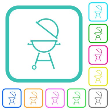 Açık kapaklı barbekü ızgarası beyaz arkaplan üzerinde kıvrımlı sınırlarda canlı renkli düz simgeler