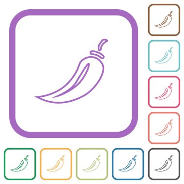 Chili biber ana hatları beyaz arkaplan üzerinde renkli yuvarlak kare çerçeveler basit simgeler