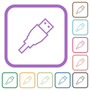 USB ana hatları basit simgeleri beyaz arkaplan üzerinde renkli yuvarlak kare çerçeveler