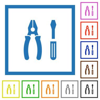 Beyaz arkaplanda kare çerçevelerde birleştirilmiş pense ve tornavida düz renk simgeleri