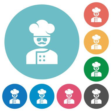 Gözlüklü ve bıyıklı usta şef yuvarlak renkli arka planda düz beyaz ikonlar