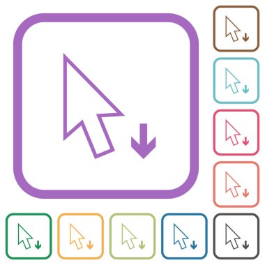 İmleci aşağı ok ana hatları basit simgeler beyaz arkaplan üzerinde renkli yuvarlak kare çerçeveler